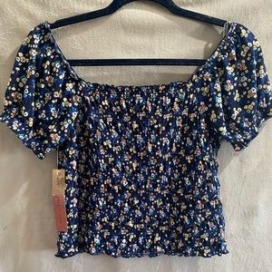 Floral Shirred Square Neck Short Sleeve Blouse Crop Tops
